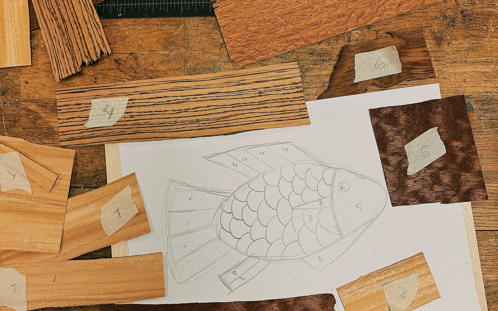 Material samples and drawings laid out on a worktable