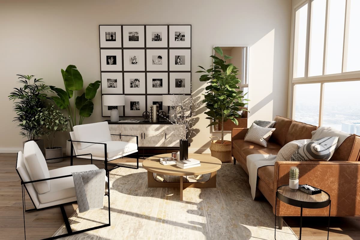 Living room furniture in warm neutral tones