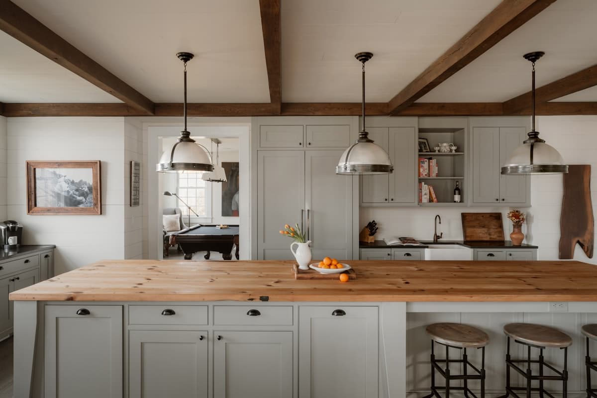 Pendant lights over a kitchen island